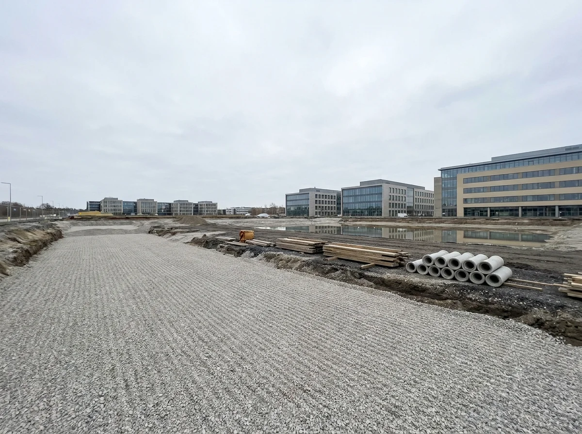 Byggarbetsplats med grusyta, betongrör och moderna kontorsbyggnader i bakgrunden.