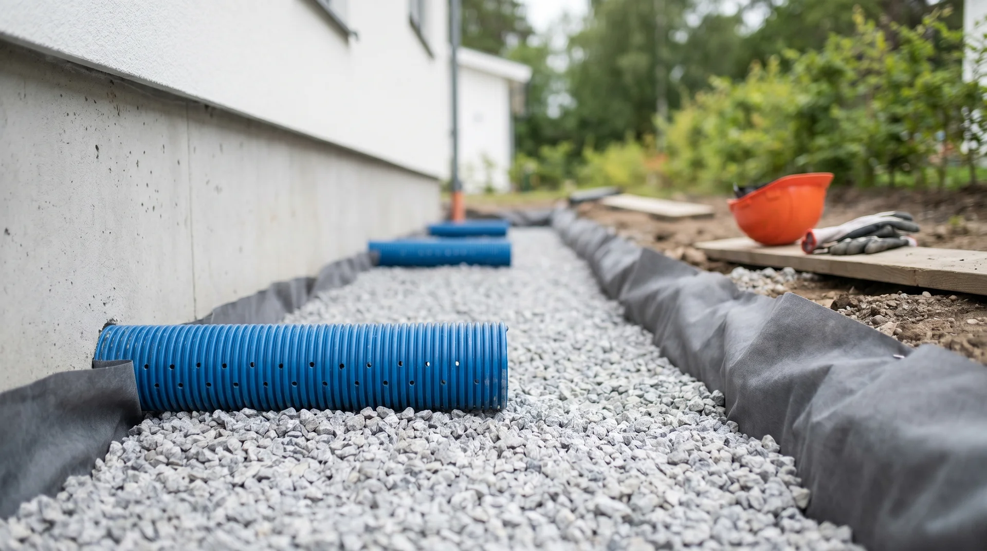 Dräneringsrör av plast i grus längs husgrund under installation.