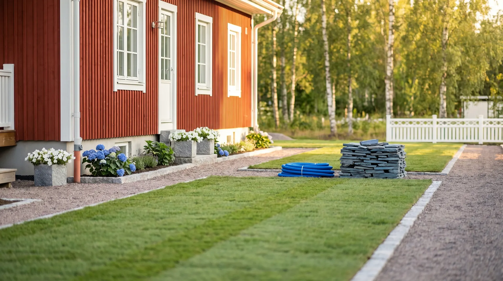 Rött svenskt hus med trädgård under anläggning, stenplattor och blå slang.