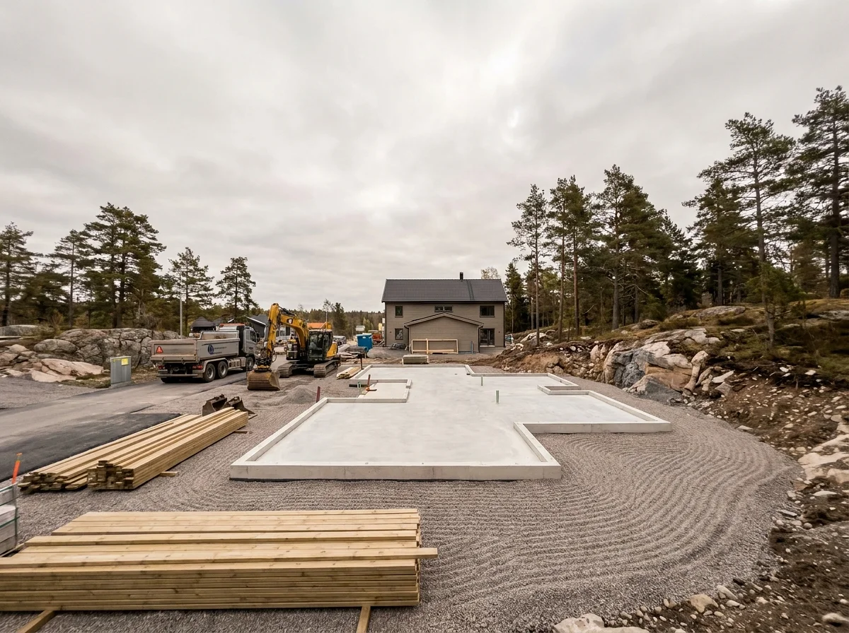 Husgrund i betong på byggarbetsplats med grävmaskin och färdigt hus.